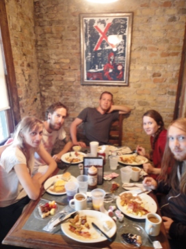 Eating big southern brunch in Austin, TX after a gruelling night drive.