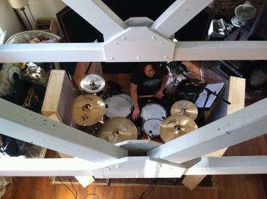 Recording drums in the living room...not an uncommon sight!